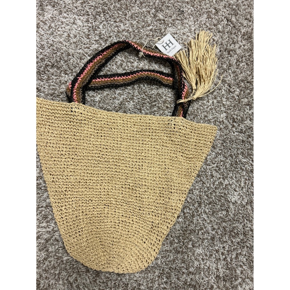 Haute Hippie Slouchy Style Straw Tote Bag Tan Woven Crochet Straps Tassel NWT